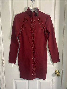 Fashion Nova Burgundy Long-Sleeve Lace-Up Bodycon Dress